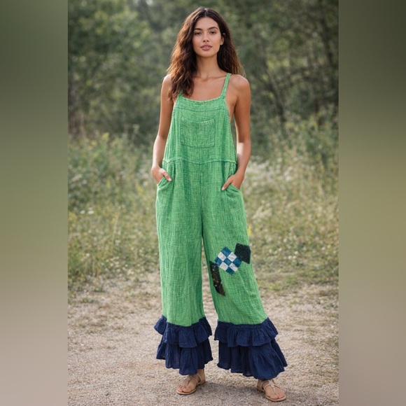 Pants - Upcycled Mesh Overalls w/ ruffled bottoms & patchwork.